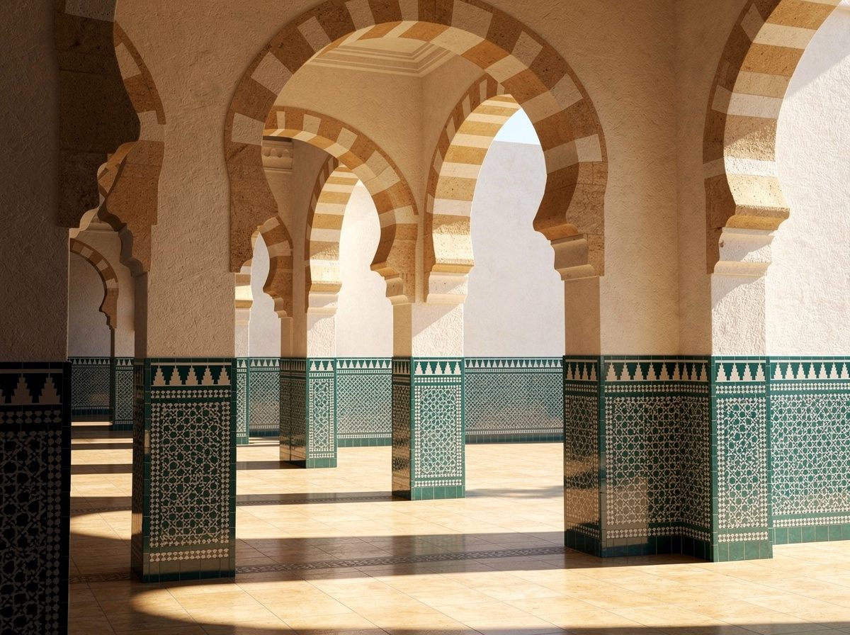 رواق من أقواس حدوة الفرس بفقرات متناوبة اللون وظلال طويلة على الأرض