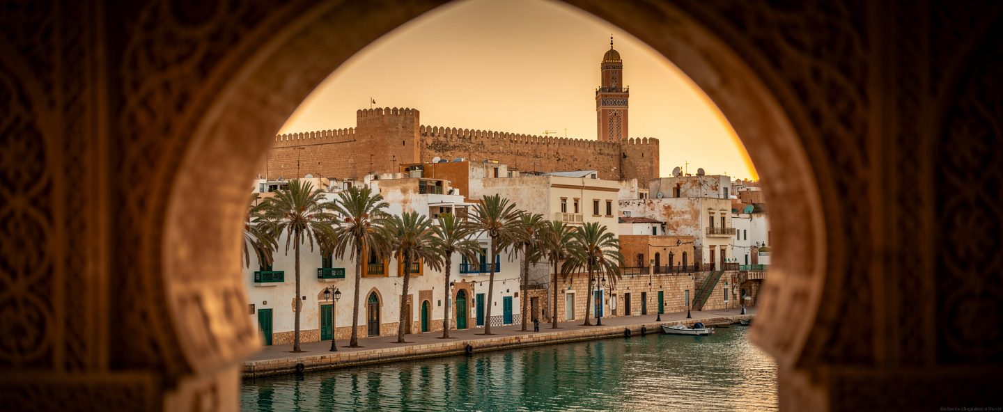 مدينة ساحلية متوسطية تُرى من خلال قوس منقوش